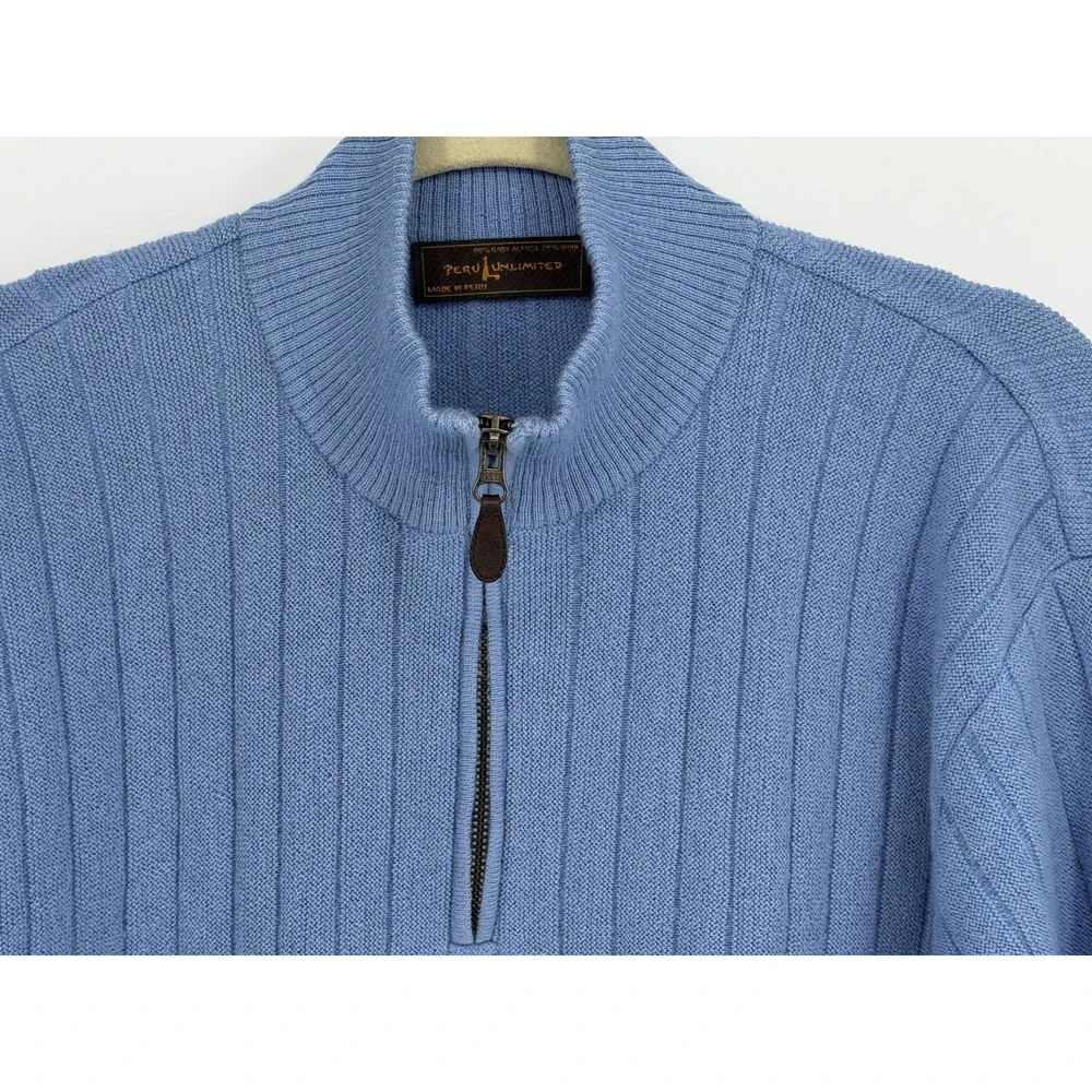 Peru Unlimited Alpaca Wool 1/4 Zip Pullover Sweater Mens L Blue Ribbed Luxury